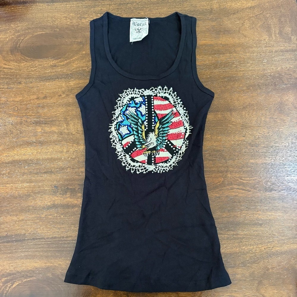 Vocal Rib Tank Top Made in US Rhinestone Eagle Wings Black Y2K Biker Women L